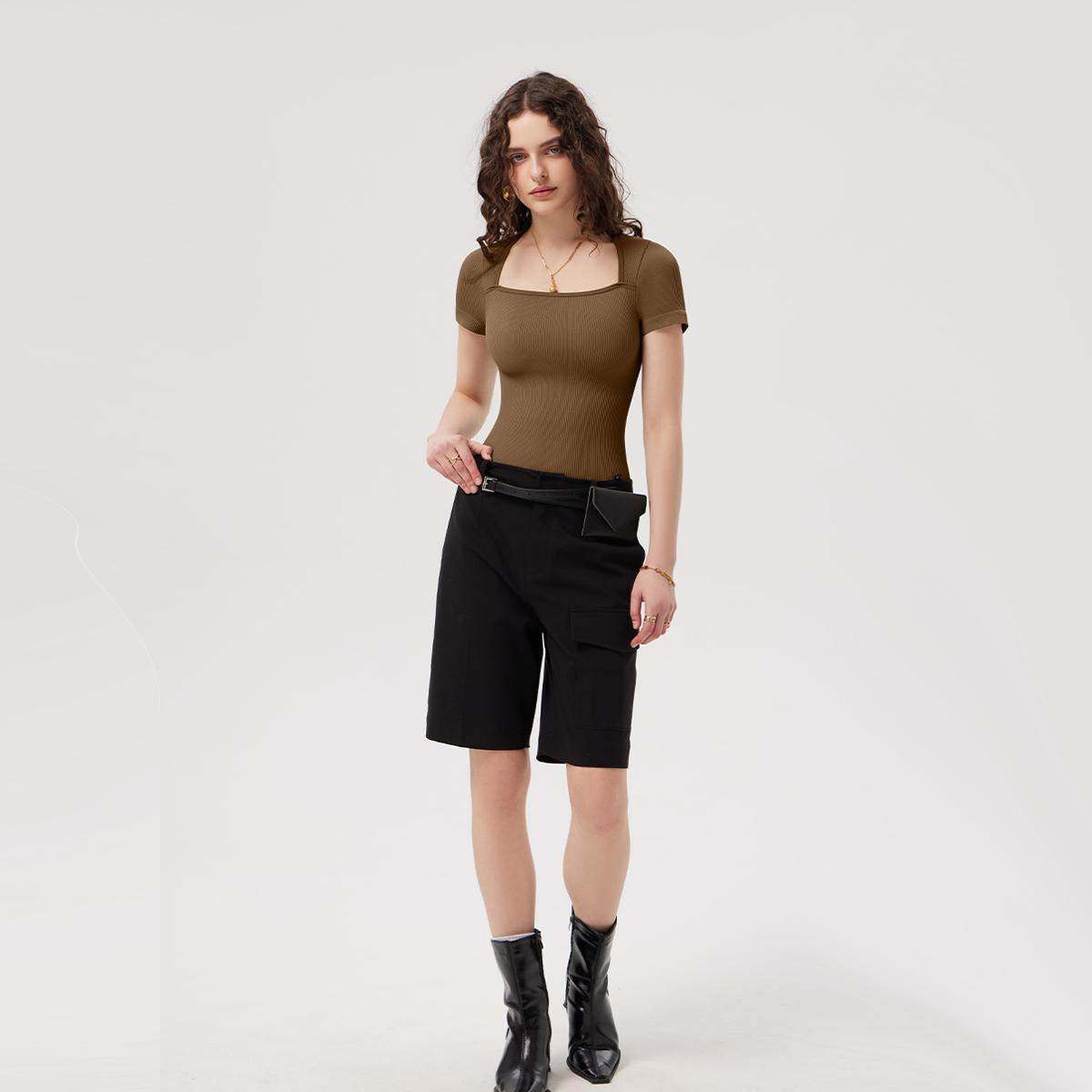 OQQ Women's 2 Piece Square Neck Shortsleeve Slim-fitting Tops Comfort Stretchy Basic Seamless Bodysuits Womenswear Underwear Lady Minimalist SpringStatements