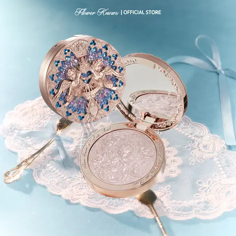 [NEW] Flower Knows Little Angel Collection Embossed Highlighter, Silky Pearl Cosmetic Powder for Luminous Dewy Glow, Cruelty-Free, Long-Lasting, Silicone-Infused, Dream Face Glow Up for Adults, Potassium Chloride-Infused Makeup, Ideal for Christmas gift,