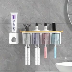 1 Set Toothbrush Holder with 4 Wash Gargle Cup Tooth Mug Rack Shelf Toothbrush Organizer Wall Toothbrush Cup Holder Multifunction Bathroom Counter Organizer Wall Toothbrush Rack