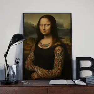 Mona Lisa with Tattoos Funny Poster Quirky Wall Art Tattoo Flash Traditional Tattoo Artist Gifts Retro Decorative Art for Modern Interiors