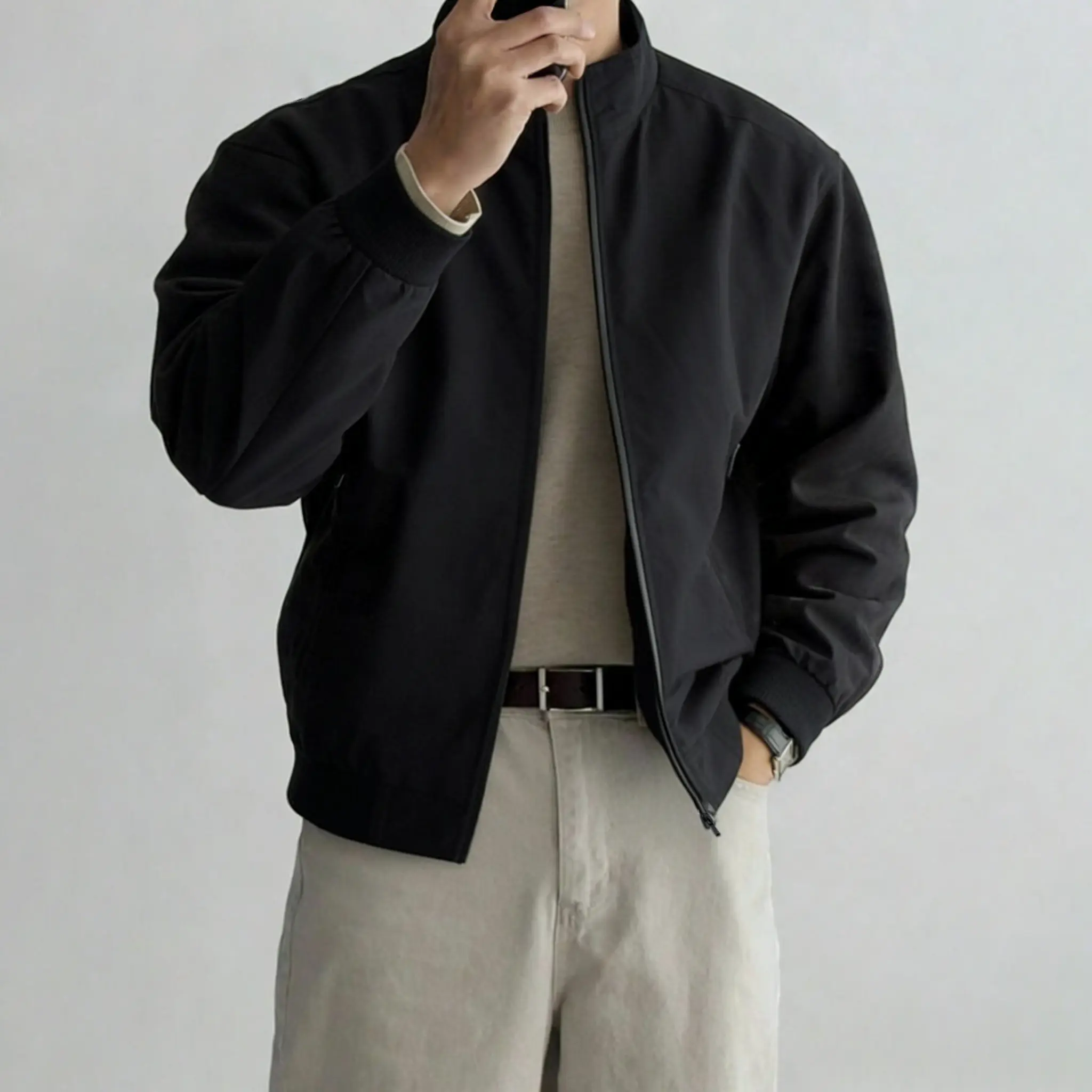 Men's Solid Harrington Jacket - Casual Fitted Long Sleeve Street Fashion Outerwear for Everyday Menswear