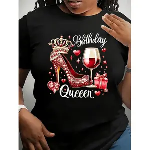 Plus Size Women's Birthday Queen Graphic T-Shirt - Black Casual Short Sleeve Top with Red Crown, High Heels & Glitter Accents, Stretchy Polyester Blend, Machine Washable Summer Party Tee, Birthday T Shirt, Celebratory Design, Comf