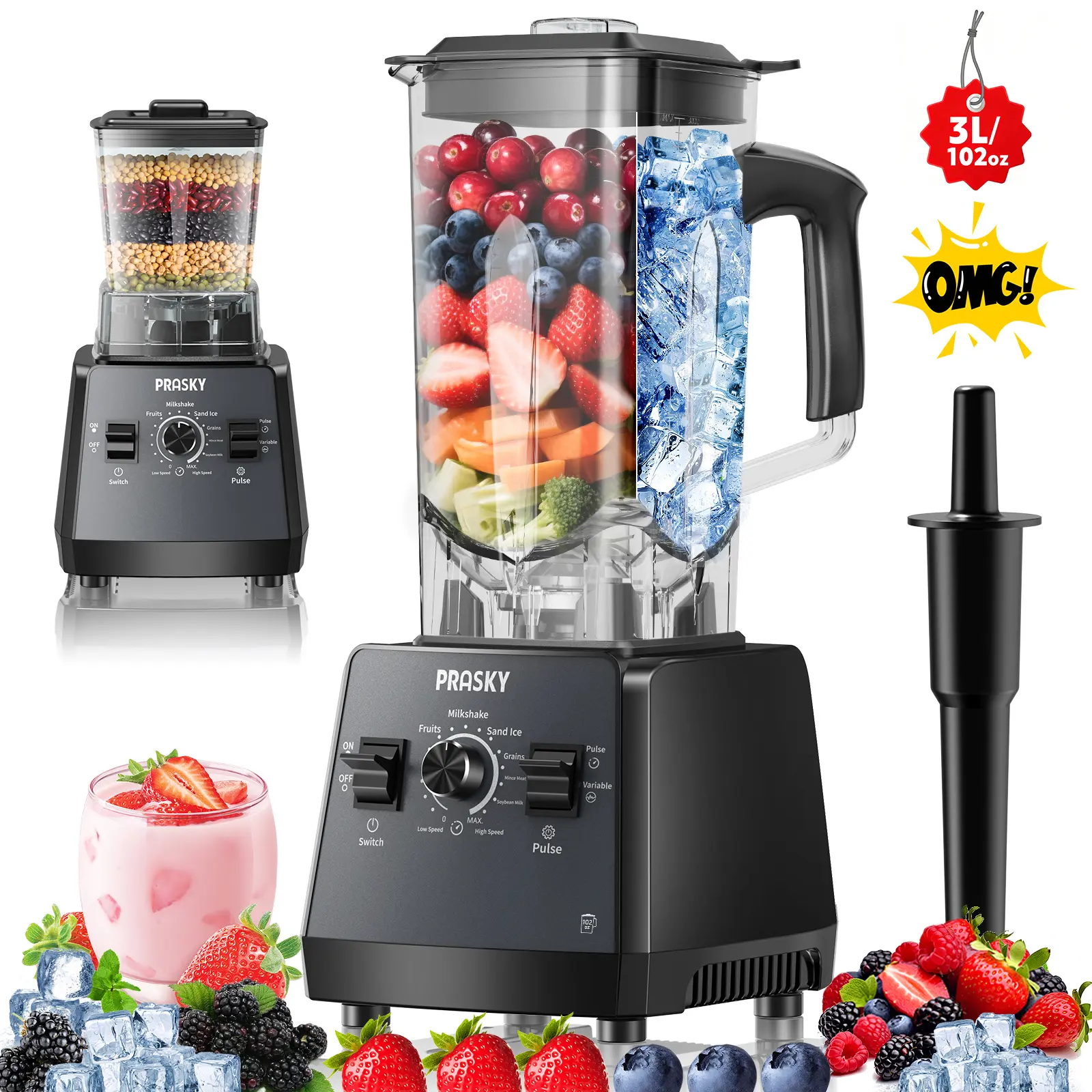 Prasky PRO 3L/101OZ Blender,Kitchen for Blender BPA Free 2 Containers Countertop Blenders Ice Crushing&Max.2400Watts/1000Watts Blender and Grinder Combo 25000RPM , Smoothies/Juice/Nuts BUTTER/Food Processor/Kitchen Appliances tiktokshopbacktoschool