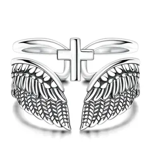 LAZA 925 Sterling Silver Guardian Angel Wings Cross Ring – Vintage Anodized Double-Ring Adjustable Opening Ring, a religious commemorative and consolation jewelry gift, the perfect present for girls and women.