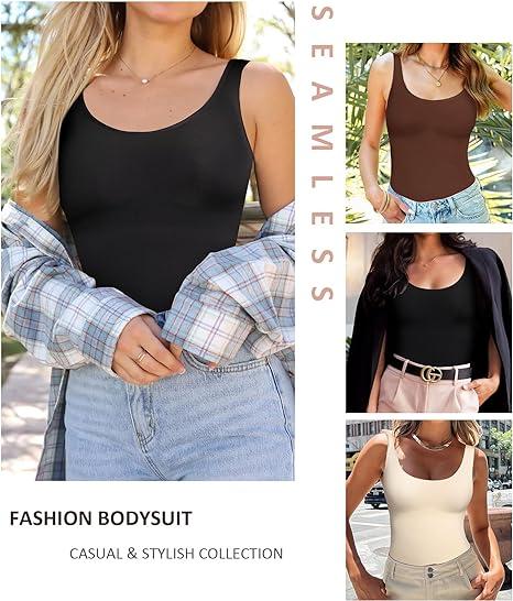 FeelinGirl Bodysuits for Women Tummy Control Shapewear Seamless Scoop Neck Thong Bodysuit Shaper Tank Top Jumpsuit Fabric Womenswear