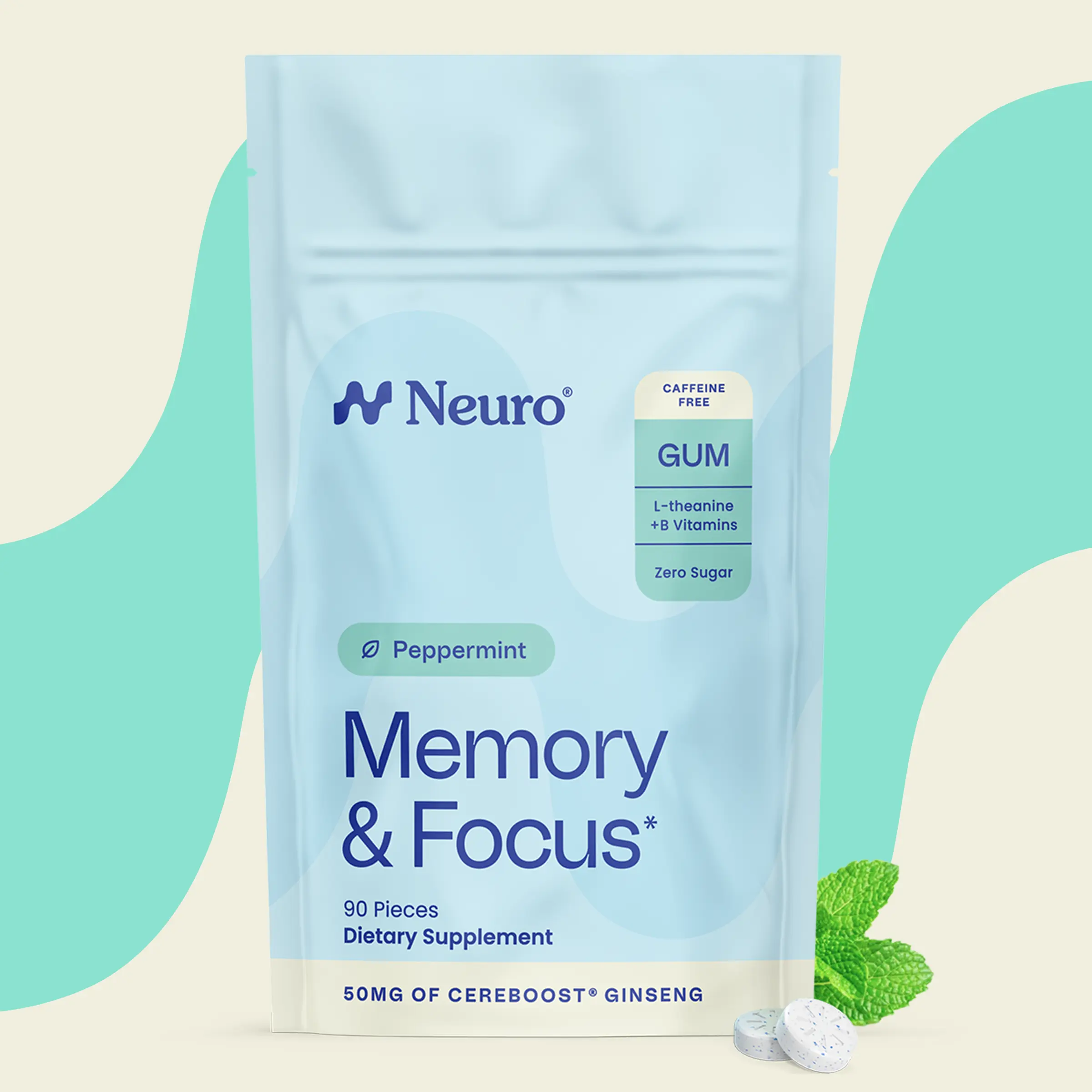 Neuro Peppermint Memory & Focus Decaf Gum - Sugar Free with American Ginseng, L-theanine, Vitamin B12 & Vitamin B6