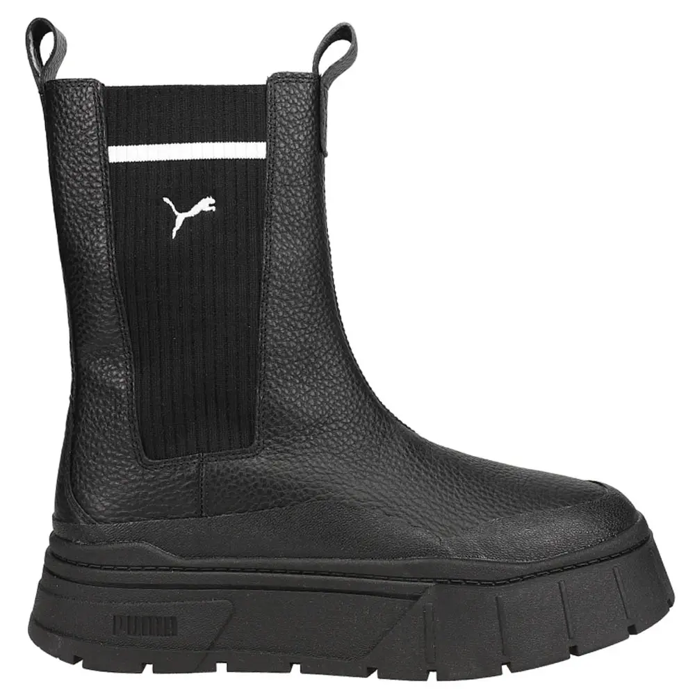 PUMA Womens Mayze Stack Round Toe Pull On Platform Chelsea Casual Boots Mid Calf Low Heel 1-2" - Black