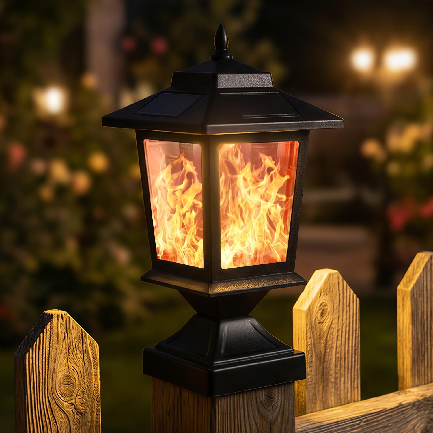 Hoodink Solar Flame Post Lights Outdoor, Solar Powered Lamps Fence Post Cap Lights, Flickering Flame LED Lantern Decorative IP44 for Garden Deck Patio Railing Dock Fence Stairs Decor, Fit 4x4, 5x5 Or 6x6 Wooden Posts