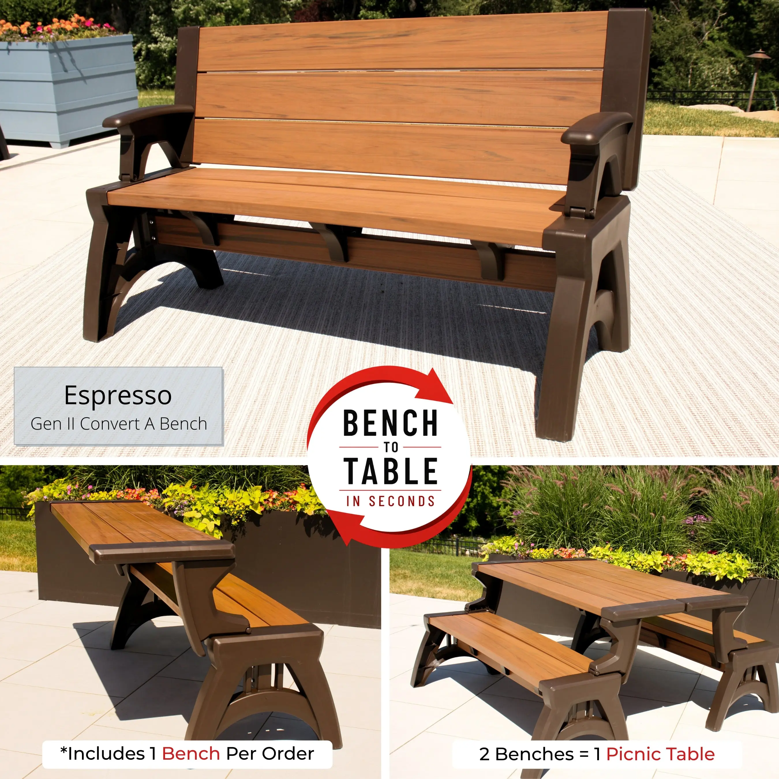 Convert A Bench Gen II XL Designer Series Convertible Bench to Table, 3-Person Seating, 1400 lb Capacity, Resin & Vinyl Indoor Outdoor Patio Porch Yard Furniture, 58 in, 1 Bench