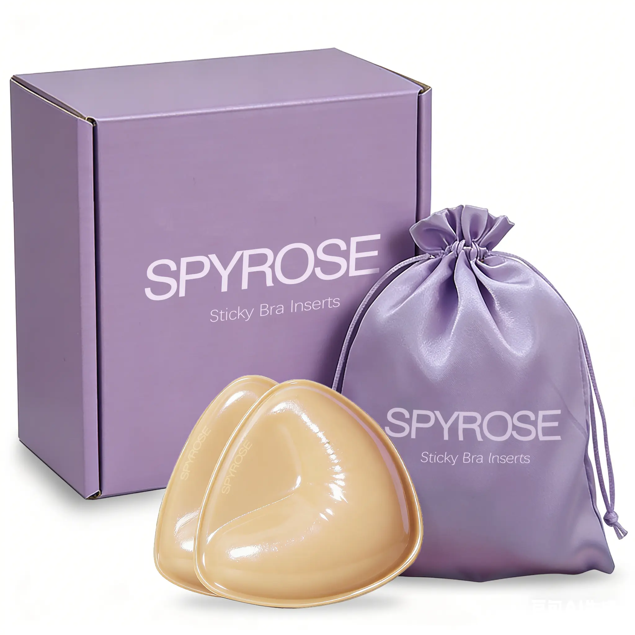 SPYROSE Women's Self-Adhesive Triangle Sticky Push-Up Bra with Inserts - Waterproof, Sweatproof, Reusable Strapless Bra, Instant Lift, Storage Bag for Backless Dresses, Prom Outfits, Natural Look, Sticky Bra,Double Sided Sticky Bra Inserts