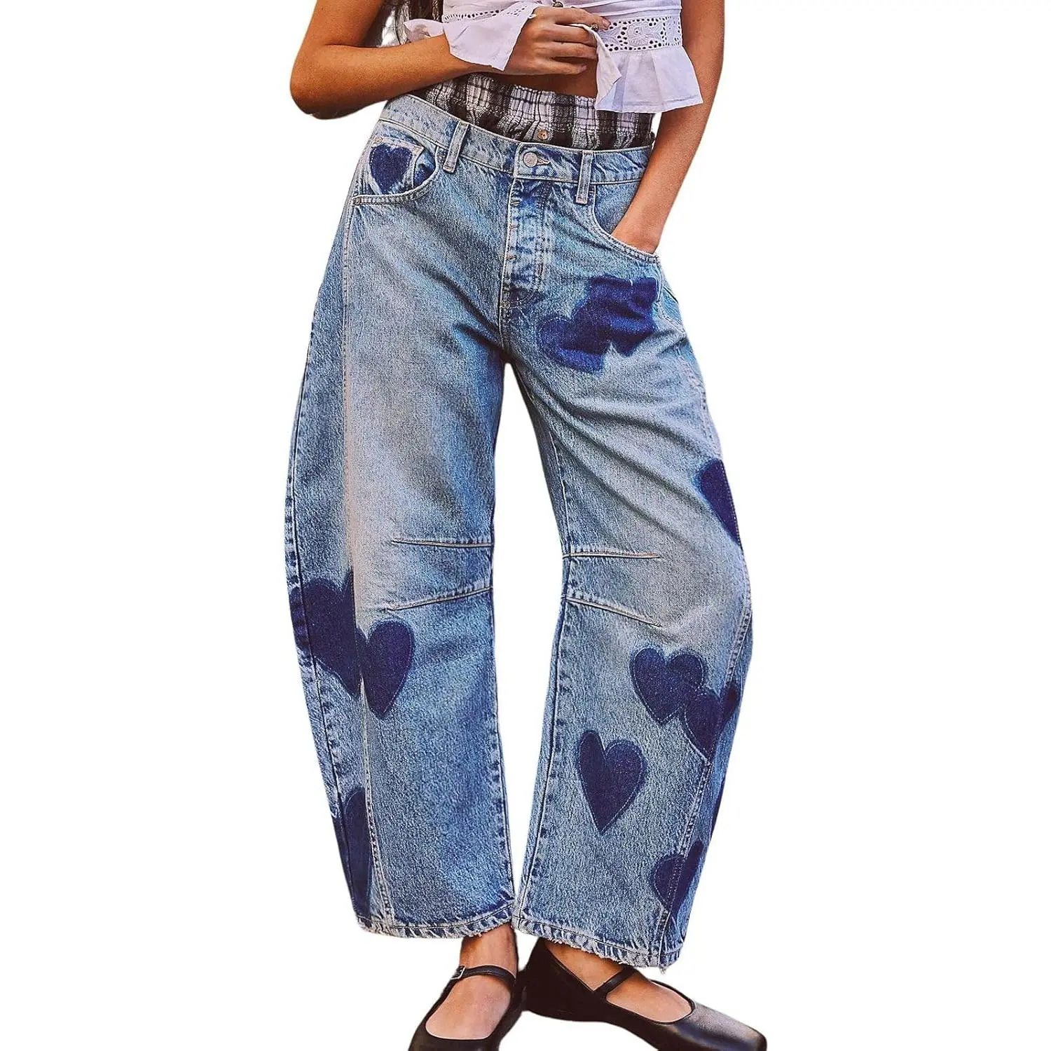 Barrel Jeans Women Wide Leg Baggy Distressed Printed Boyfriend Horseshoe Denim Pants