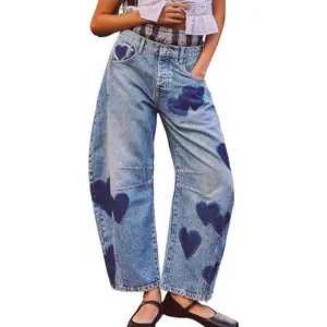 Y2k Barrel Jeans Women Wide Leg Baggy Distressed Printed Boyfriend Horseshoe Denim Pants
