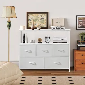 39" Wide Entryway Storage Cabinet with 5 Fabric Drawers | Hallway Dresser with Charging Station & Open Shelf, USB/Type-C Ports, Lightweight & Versatile for Corridor Organization