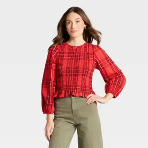 Women's Long Sleeve Blouse - Universal Thread Red Plaid S