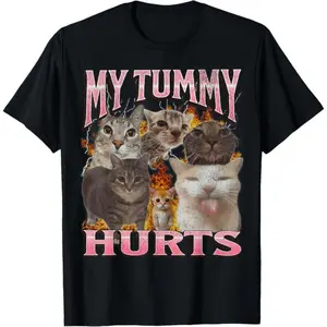 Cotton Gift Tee My Tummy Hurts Funny Cat Meme Bootleg Graphic T-Shirt casual cotton streetwear Fabric Menswear graphic men tee shirt streetwear for all