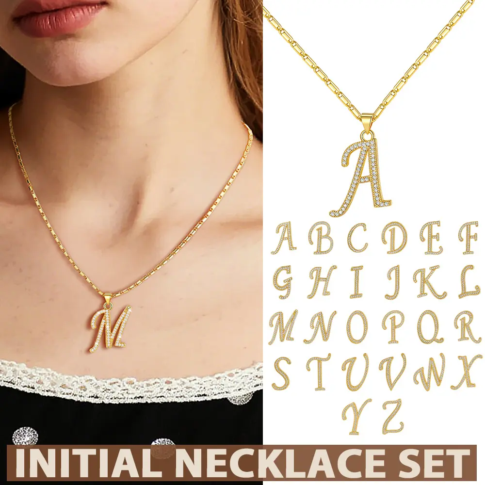 FindChic Women's Initial Tennis Chain Choker Set, Stainless Steel Jewelry with Sparkle Cubic Zirconia Pendant, Adjustable Chain for Daily Wear Gift, Initial Necklace, Classic