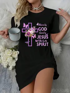 Blessed by God Saved by Jesus Purple Floral Cross Christian Casual Dress