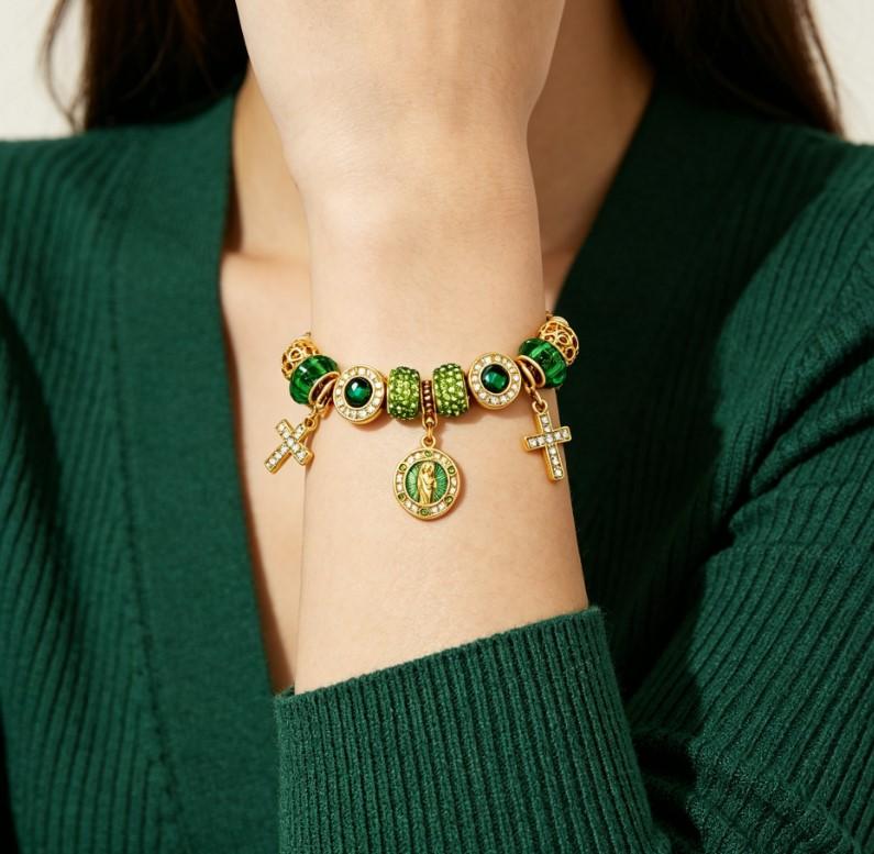 Tone Gold Snake Chain Charm Bracelet Emerald Green Crystal Rhinestone Cross Religious Medal Bracelet Women Prayer Jewelry Gift