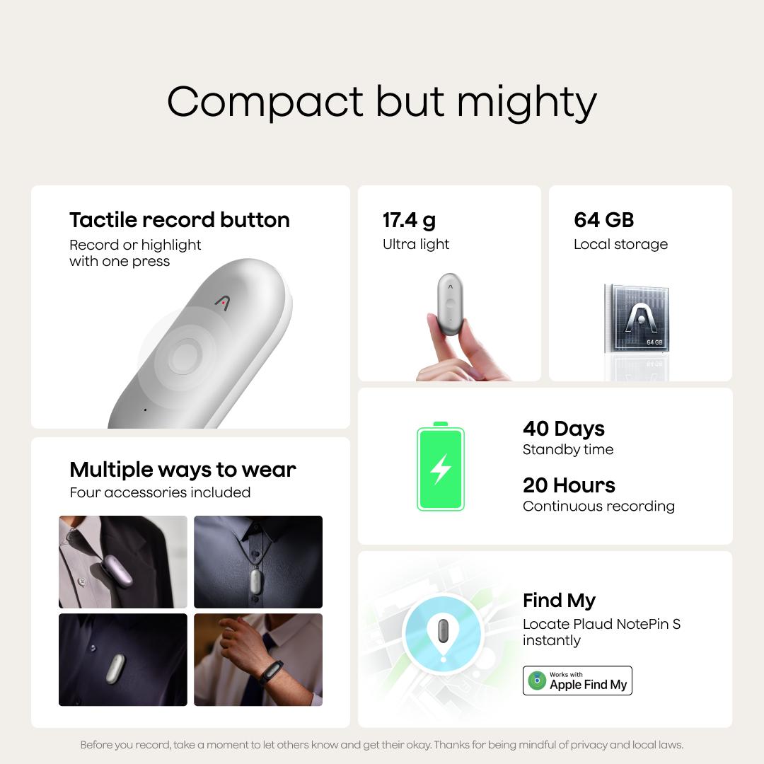 Plaud NotePin / NotePin S Wearable AI Voice Recorder, One-Touch Clip Recording, AI Transcription for Meetings, Interviews & Daily Work, Useful Gadget & Gift for Him or Her