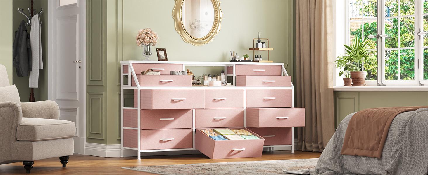 Homkdom 55"W Dresser with 13 Deep Fabric Drawers & 2 Open Shelves, Long Storage Chest for Bedroom, Entryway, Dorm Room, Large Vanity Organizer