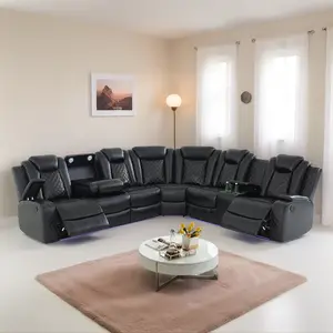 Black Breathing Leather 3-Piece Living Room Recliner  Semi PU PVC Modern Set Convertible Velvet Sleeper with Ottoman modular  in chair bed Oversized Plush Chaise Lounge Sofa made dining relax Full Size Murphy Storage L-Shape Customizable Armless couch bed