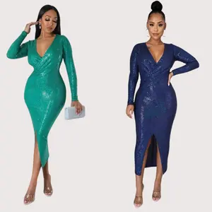 Saphire V-Neck Sequins Long Sleeves Dress