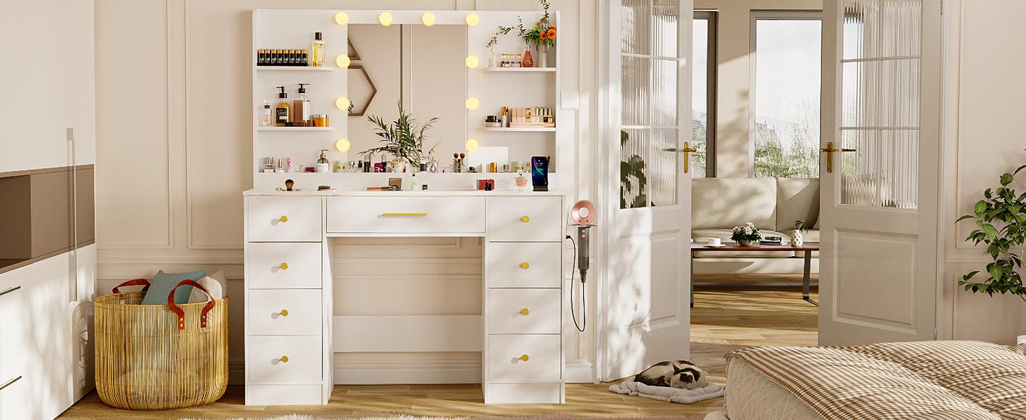 Dresser with Mirror, 3-Color Adjustable LED Lights & Power Outlets Makeup Vanity with 9 Drawers & 6 Storage Shelves For Bedroom & Dressing Room (White)