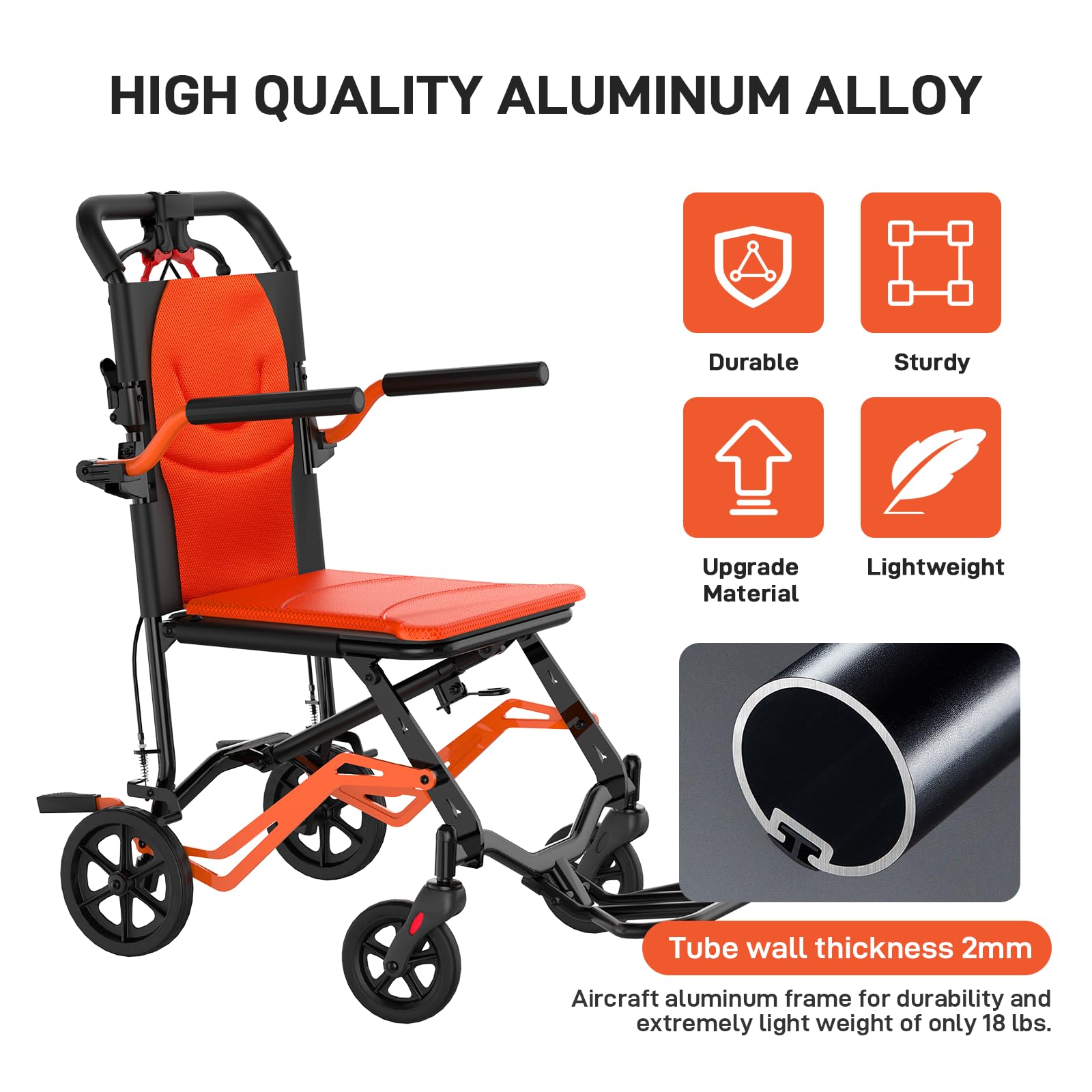 【GARVEE】Portable Lightweight Folding Transport Chair with Locking Handbrake, Removable Flip Armrests, Aluminum Alloy Frame, Swinging Footrests, Supports 220 lbs, Ideal for Indoor & Outdoor Use