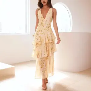 Don't Wait! Women's Fashionable and Comfortable Plunge Neck Floral Tiered Printed Maxi Dress, Dream Choice for Summer Outdoor, Beach Vacation, and Birthday Party, Trendy Item for Downtown Girls