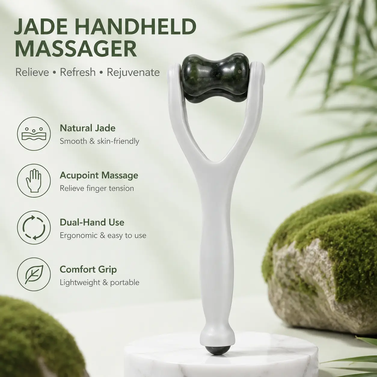 1 Count, Natural Jade Finger Massager with Smooth Rounded Rollers, Handheld Tool to Ease Finger Soreness for People Using Fingers Frequently