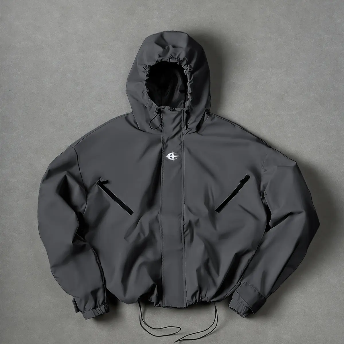 Men's Zip-Up Hooded Coat - Menswear Sportswear, 3D Embroidered Long Sleeve, Durable Waterproof Fabric, Relaxed Fit, Urban Functional, Lightweight, Slightly Open Front, Everyday Wear Coats Activewear