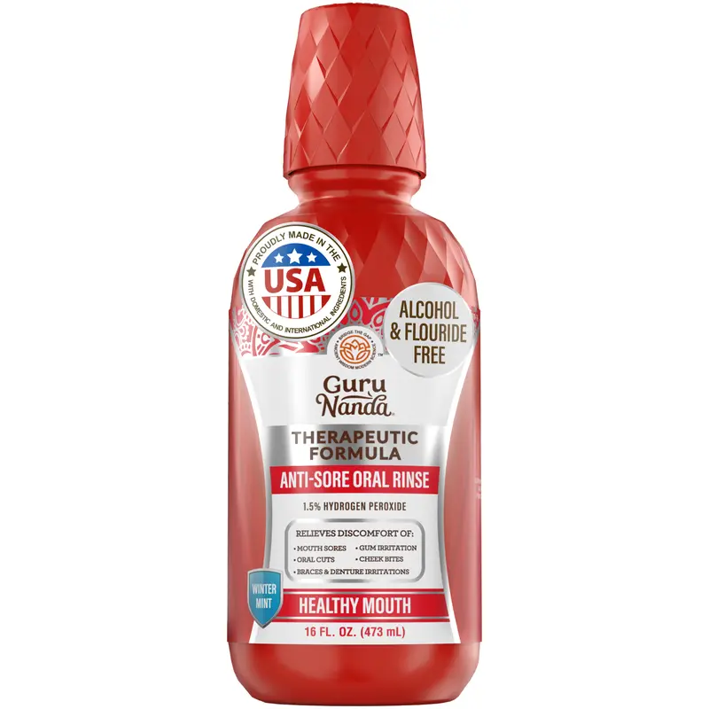GuruNanda Anti-Sore Oral Rinse with 1.5% Hydrogen Peroxide, Alcohol & Fluoride Free Therapeutic Mouthwash for Oral Irritation Relief, Winter Mint GuruNanda Anti-Sore Oral Rinse with 1.5% Hydrogen Peroxide, Alcohol & Fluoride Free Therapeutic Mouthwash for Oral Irritation Relief, Winter Mint