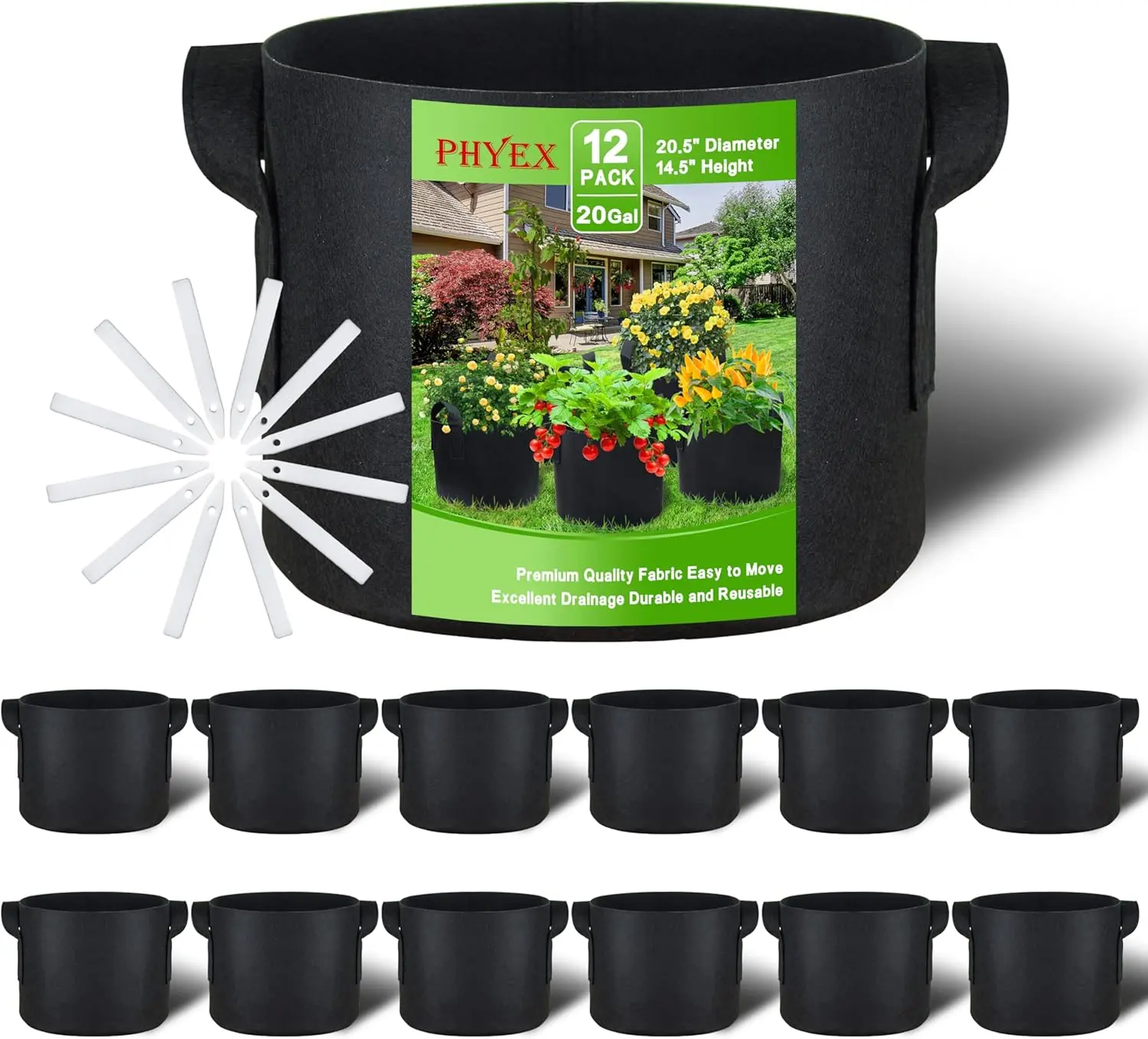 12-Pack 20 Gallon Grow Bags, Heavy Duty Fabric Pots with Handles, Reusable Plant Bags for Vegetable, Herbs & Flowers, BPA-Free, Breathable, Durable
