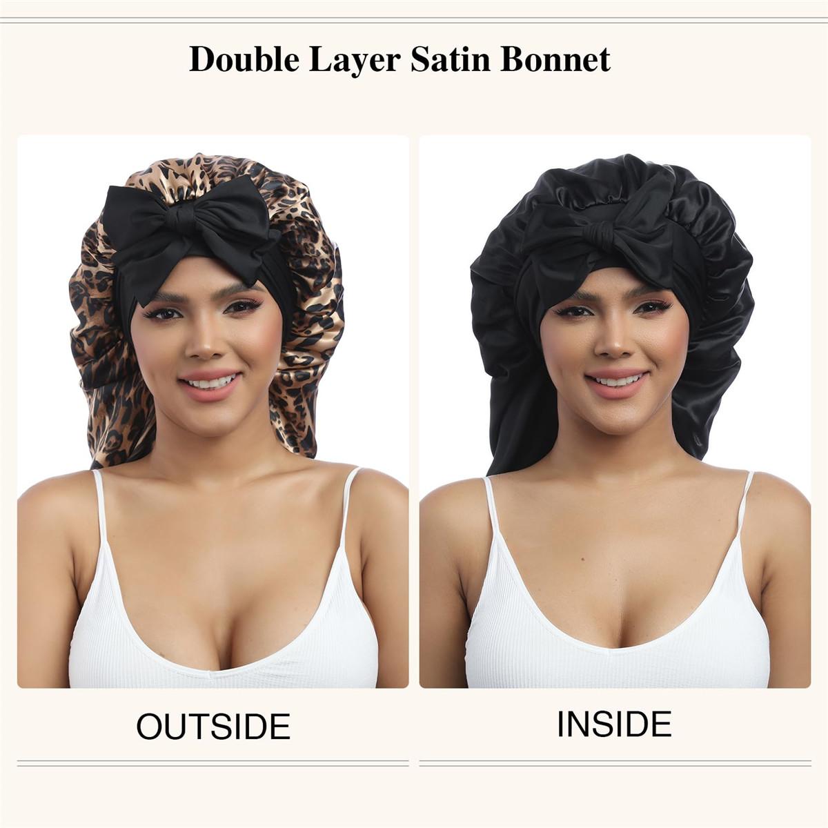 Long Double Layer Satin Bonnet for Women Elastic Silk Like Texture Bonnet for Braids Curly Hair Sleeping Sleep Cap Hair Bonnets Nightcap with Tie Band