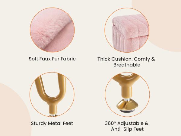 【Deal】Vanity Stool Chair with Storage, Ottoman Faux Fur Soft Padded Makeup Footstools Seat with 4 Metal Legs Anti-Slip Adjustable Feet