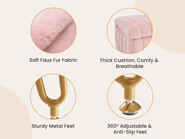 Vanity Stool Chair with Storage, Ottoman Faux Fur Soft Padded Makeup Footstools Seat with 4 Metal Legs Anti-Slip Adjustable Feet Vanity Stool Chair with Storage, Ottoman Faux Fur Soft Padded Makeup Footstools Seat with 4 Metal Legs Anti-Slip Adjustable Feet