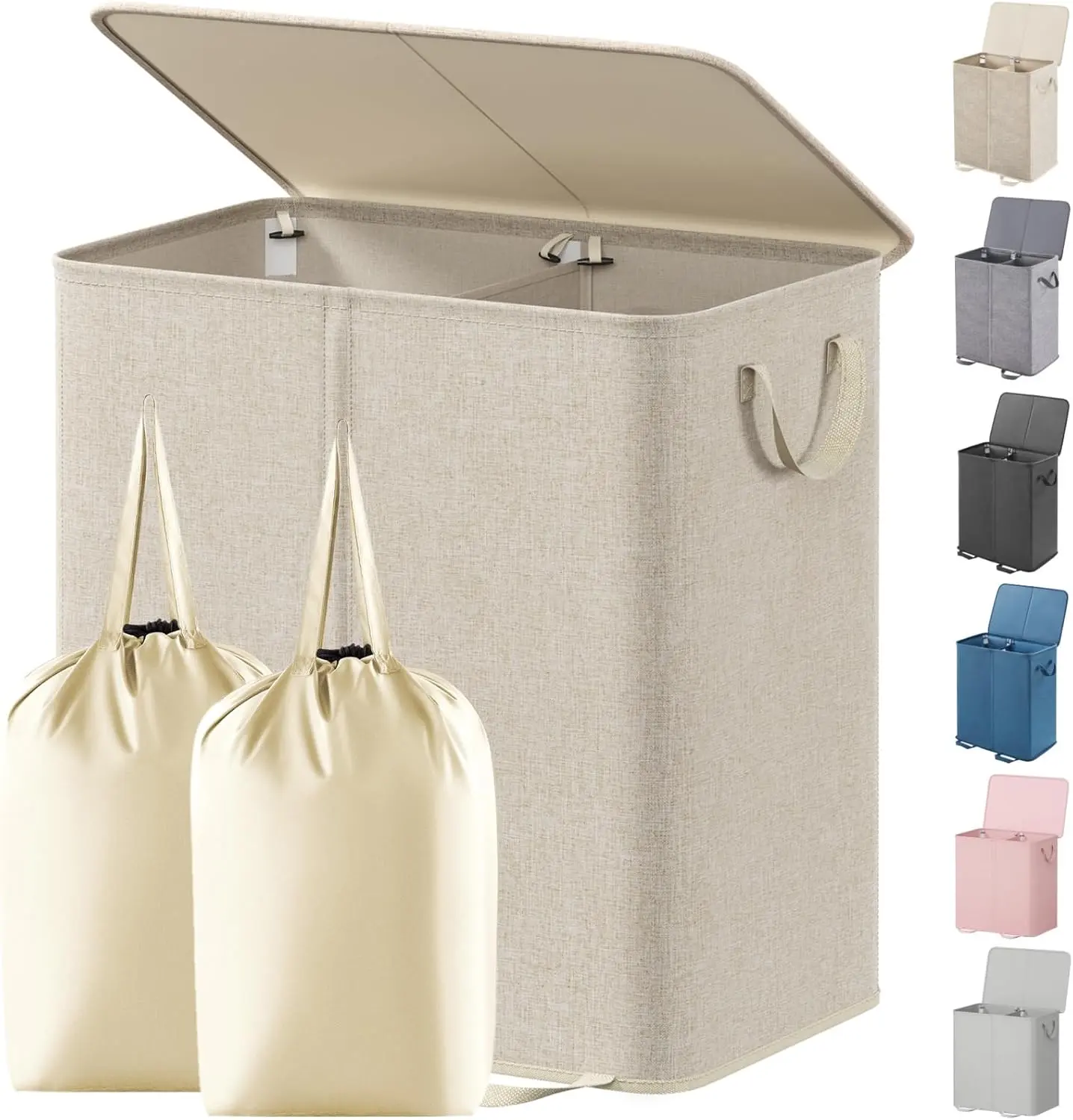Double Laundry Hamper with Lid, 136L Large Collapsible Laundry Basket with 2 Dividers & Removable Bags, Dirty Clothes Organizer with Handles (Beige)