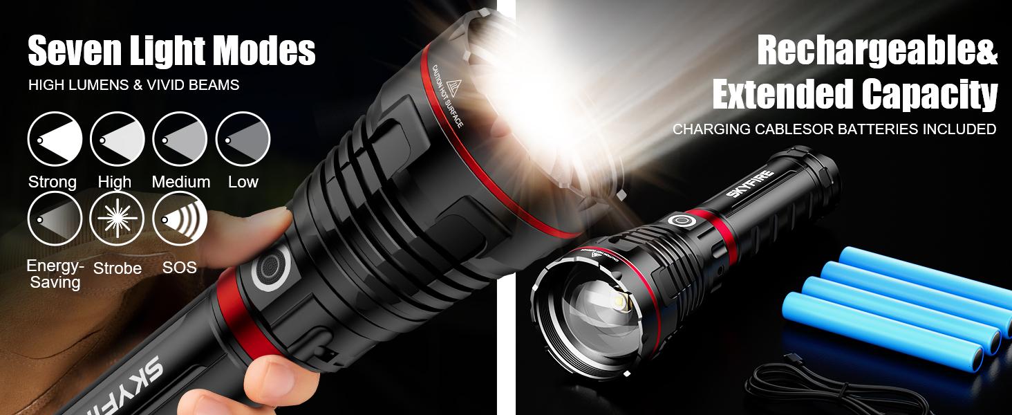 SKYFIRE 1209 Rechargeable  Flashlight - Waterproof, 3 Modes & Carry Strap, 20000mAh Super Bright Instant Light for Camping Emergency Power Outage