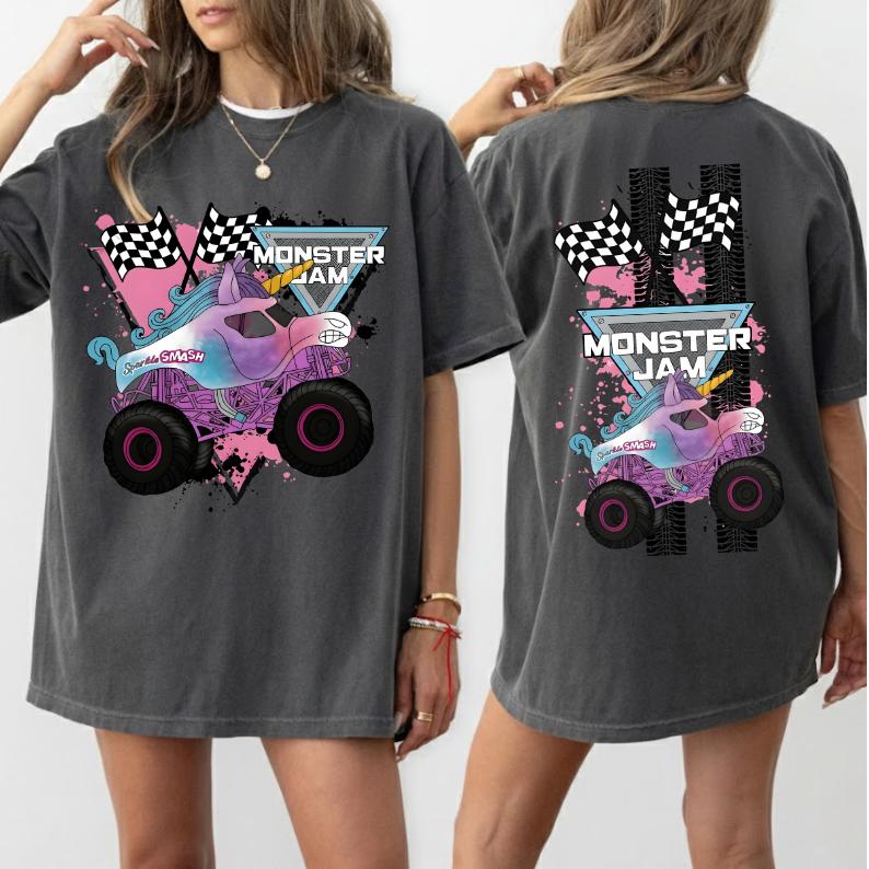 Monster Jam Sparkle Smash Unicorn Truck T-Shirt, Pastel Monster Truck Graphic Tee, Y2K Aesthetic Streetwear, Funny Coquette Racing Top, Oversized, Motorsport, Unisex, Comfortable	