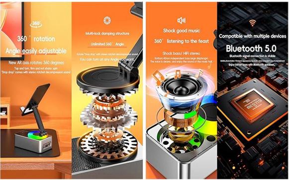 IMOLl Wireless Audio Induction Bluetooth Speaker, Phone Holder, Equipped with Induction Speaker, LED Light, Non-slip Base, HD Surround Sound, 1500mAh Battery. Compatible with iPhone, iPad and Android devices.