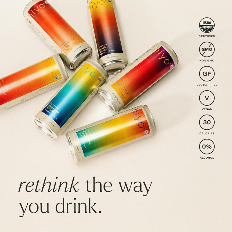 Hiyo Organic Social Tonic - Peach Mango, 12 FZ - N.A. Functional Seltzer, Sparkling Water Crafted with Organic Adaptogens, Nootropics & Botanicals