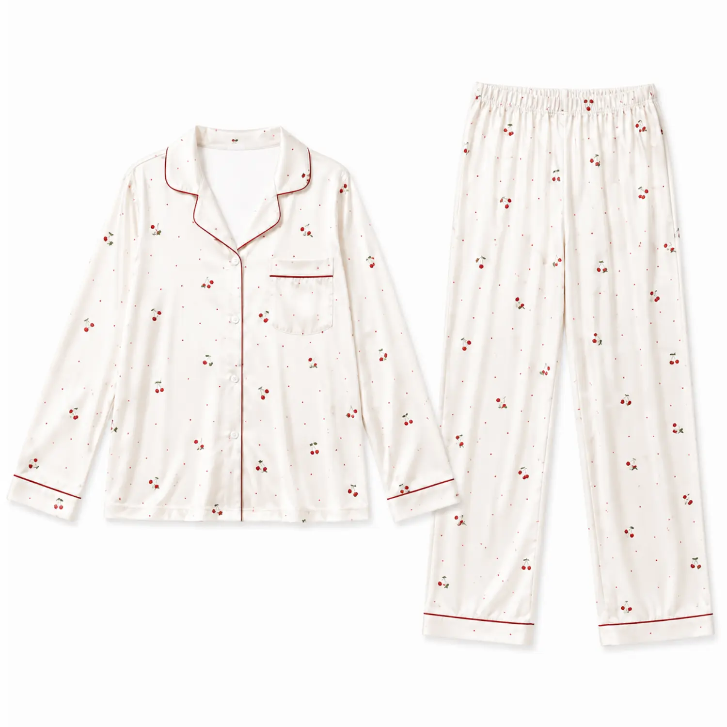 Black Cherry Print Long Sleeve Button Front Pajama Set with Piped Trim and Elastic Waist Pants for Autumn Winter Sleepwear