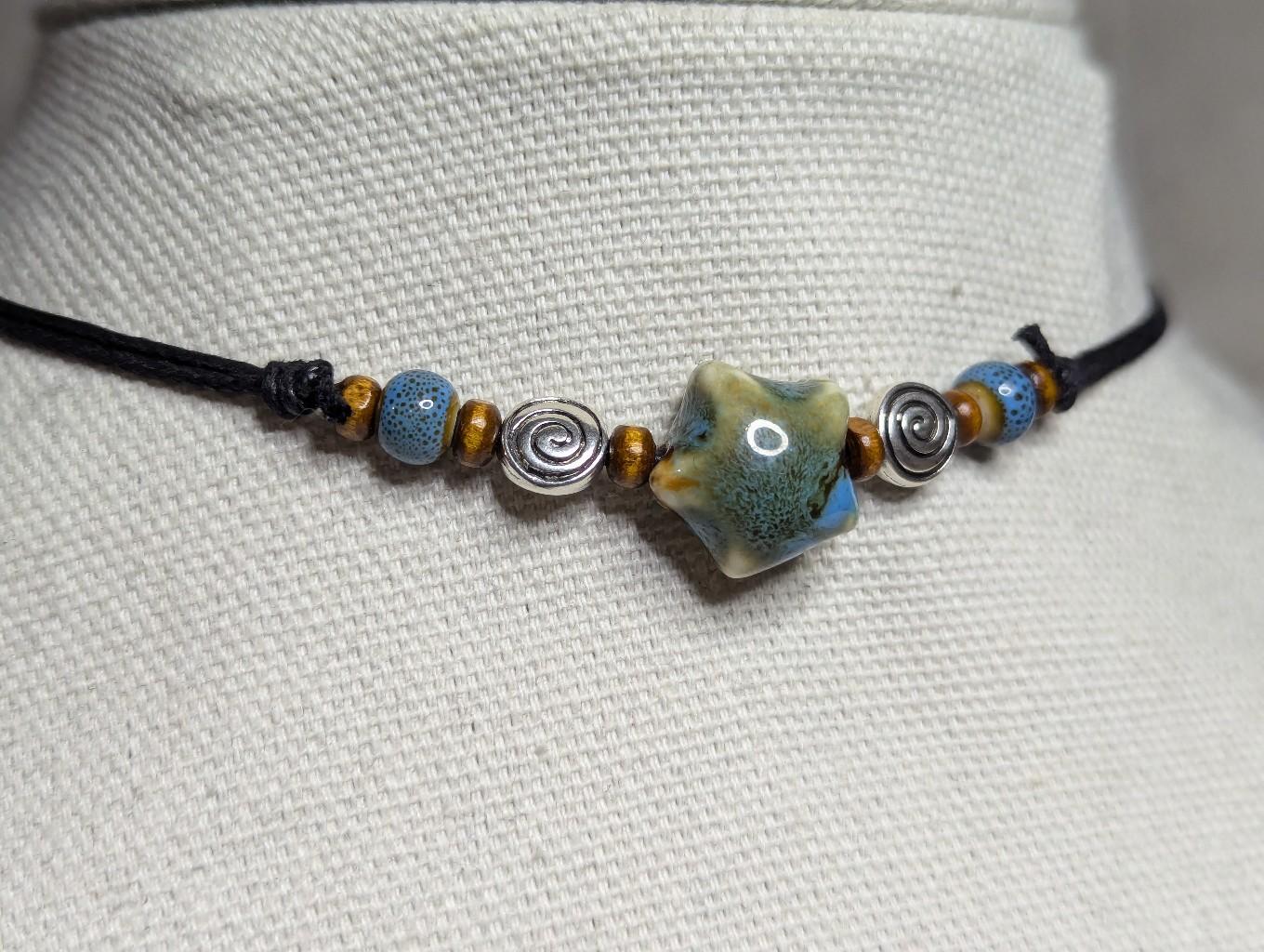 Ceramic Beaded Star Spiral Swirl Y2K Boho Hippie Whimsical Adjustable Black Rope Cord Choker Stacking Necklace jewelry