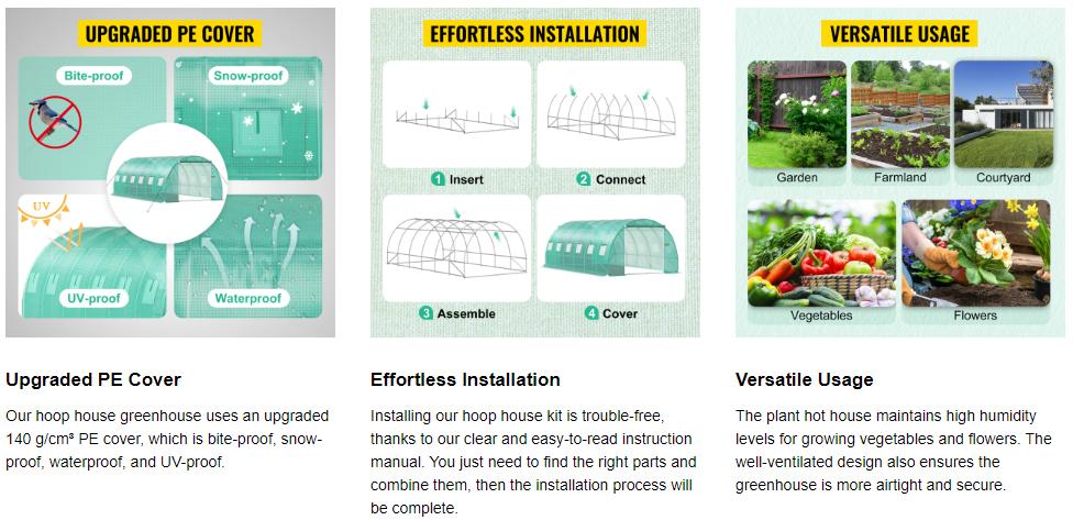 VEVOR Walk-in Tunnel Greenhouse, Summervibes,Summervibes, Portable Hot House, Max. 20 x 10 x 7 ft, Galvanized Steel Hoops, 3 Top Beams, 2 Zippered Doors, Diagonal Poles VEVOR Super Brand Day