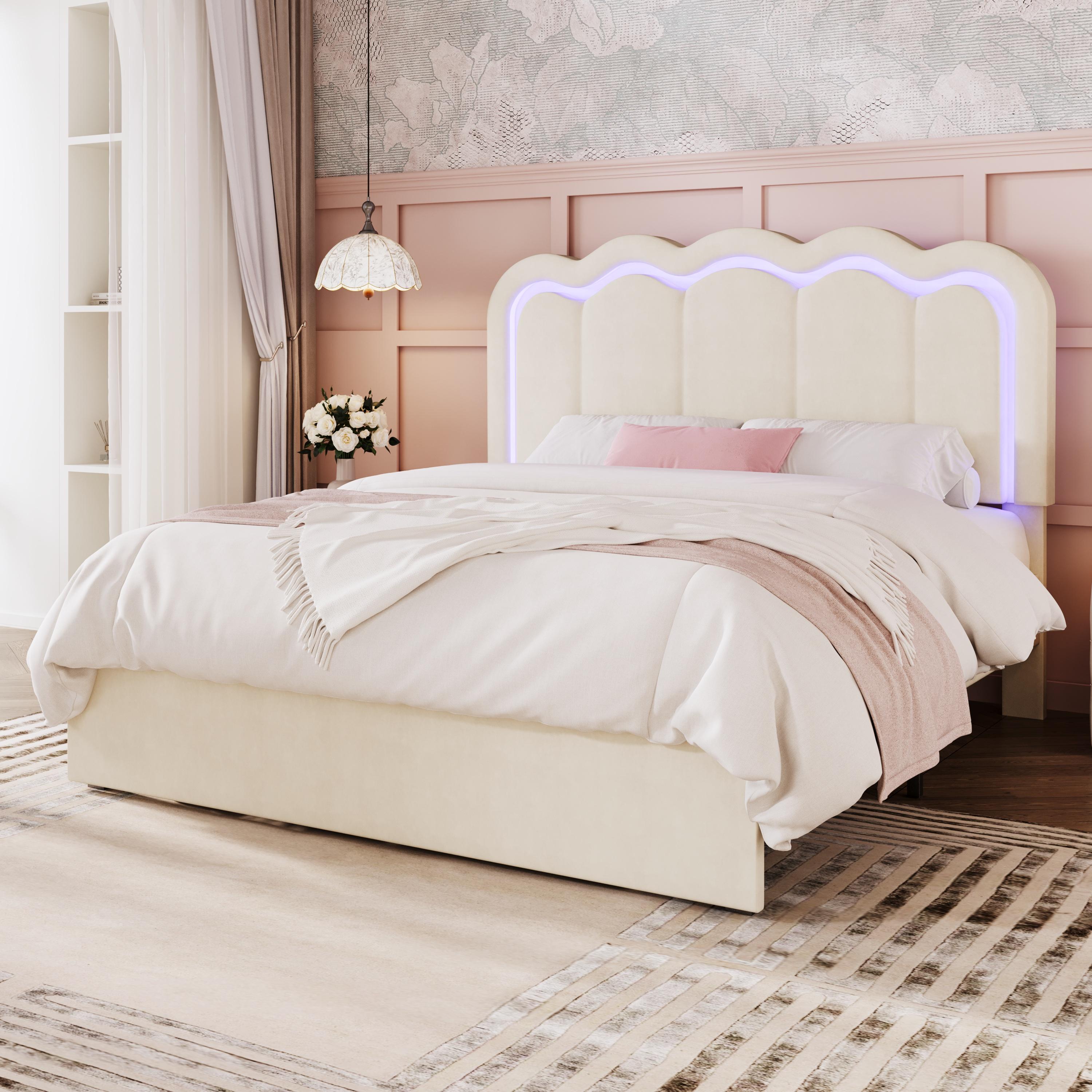 MUTIOCR Velvet Upholstered Bed Frame with Smart LED Lights Large Storage Drawer Adjustable Wavy Headboard No Box Spring Needed Twin Full Queen Sizes White Black Cream Pink