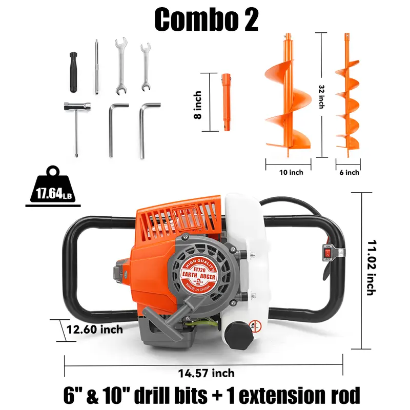 72cc earth auger package with 6-inch and 10-inch drill bits and one extension rod