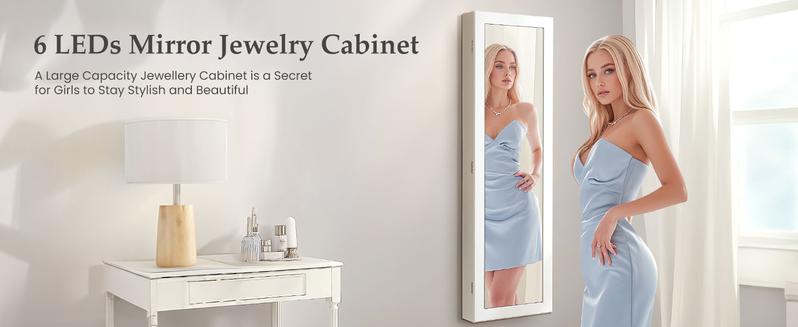 【Valentine's Day gift】Full-Length Mirrored Jewelry Cabinet with Built-In Makeup Mirror,Lockable Storage Cabinet with 2 Drawers