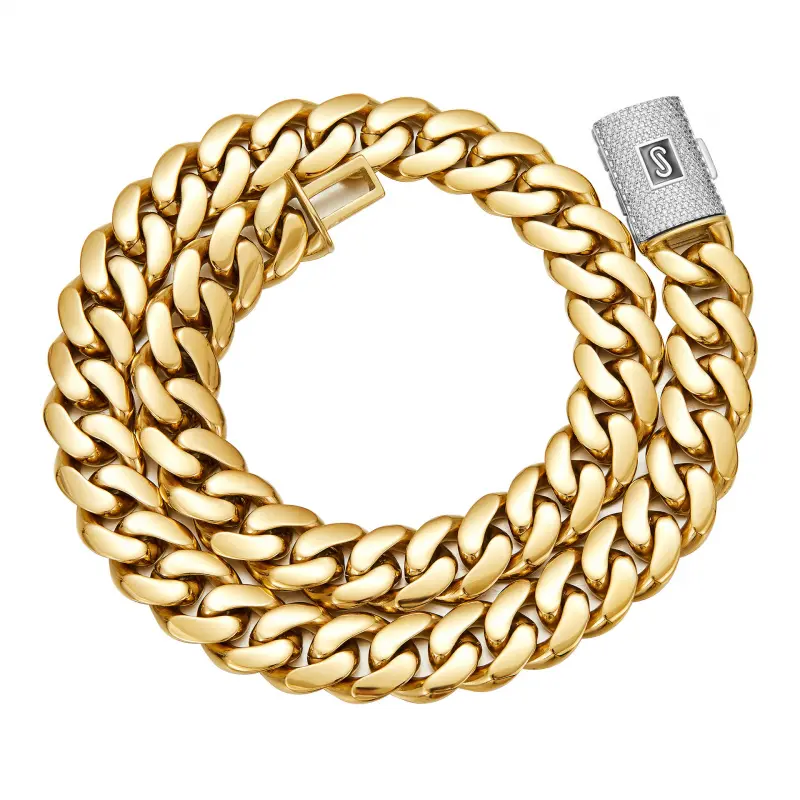 Hip Hop Cuban Chain Necklace, 14mm Ultra-Thin Titanium & Stainless Steel, 14K Gold Vacuum Plated, Gift-Ready Packaging, Everyday Wear for Men, Perfect Dad Birthday Gift