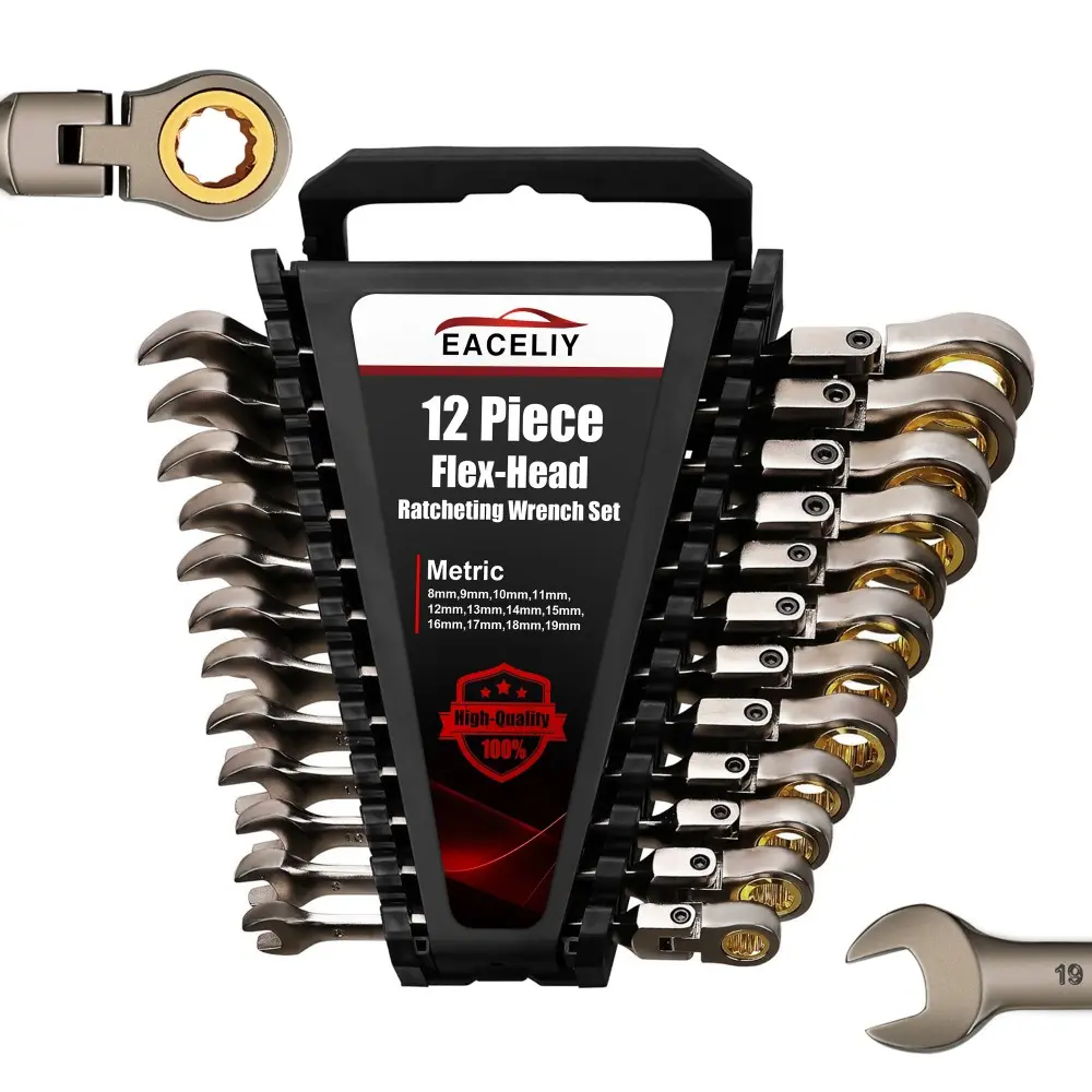 12PCS 180° Rotation Flexible Head Metric Ratcheting Wrench Set - 72-Teeth CR-V Steel, 8mm-19mm 12-Point Combination Speed Wrenches, Heavy Duty Hardware Hand Tools with Rack Tray for Home Projects, Bike Repairs, Great For Bike Repairs
