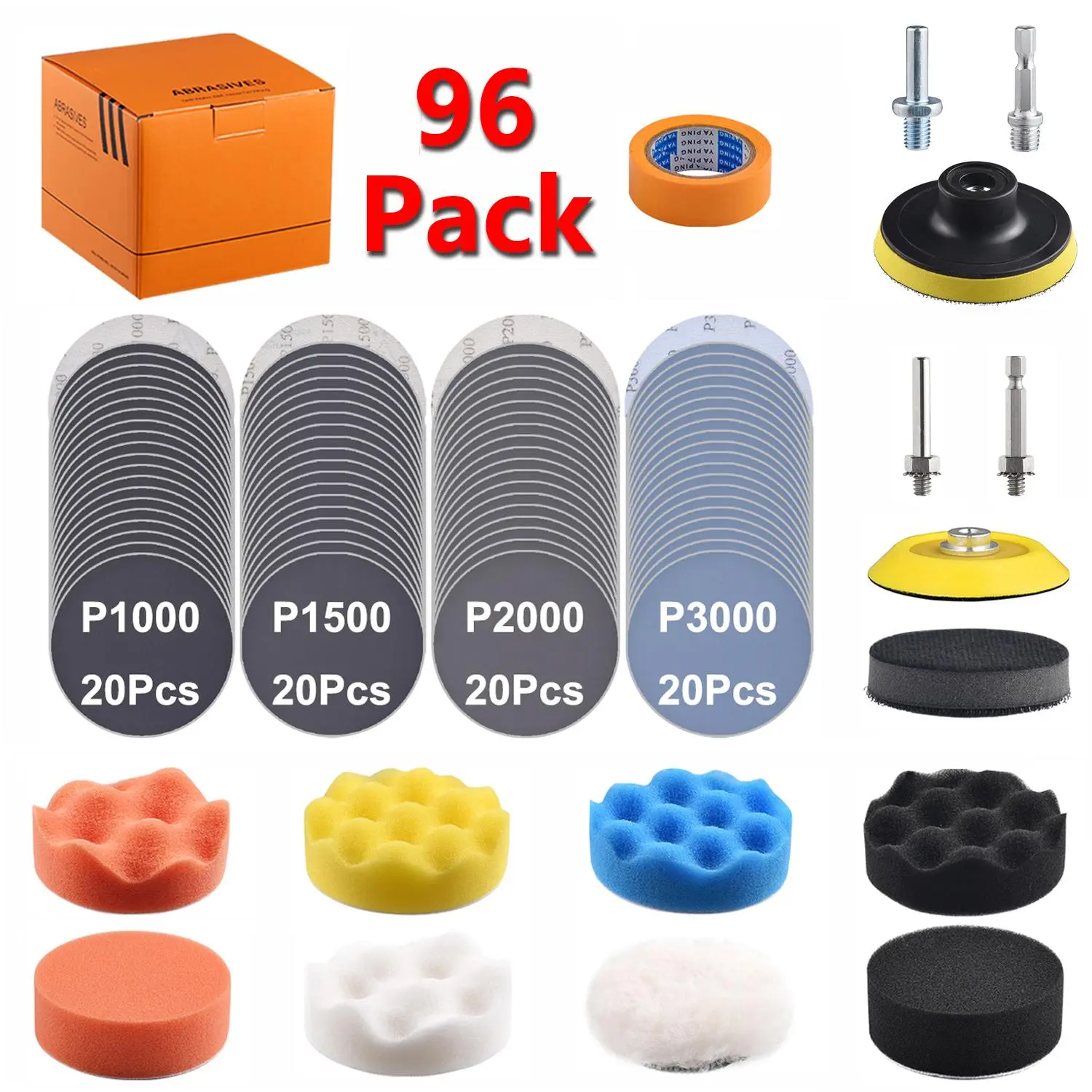 Car Buffer Polisher Kit, Car Buffers And Polishers Kit, 96pcs/set with 5/16" & 1/4" Shanks for Sanding, Polishing, Waxing, Sealing Glaze, Sanding Pads for Drill Attachment, Car Detailing Tools, Car Paint Polishing
